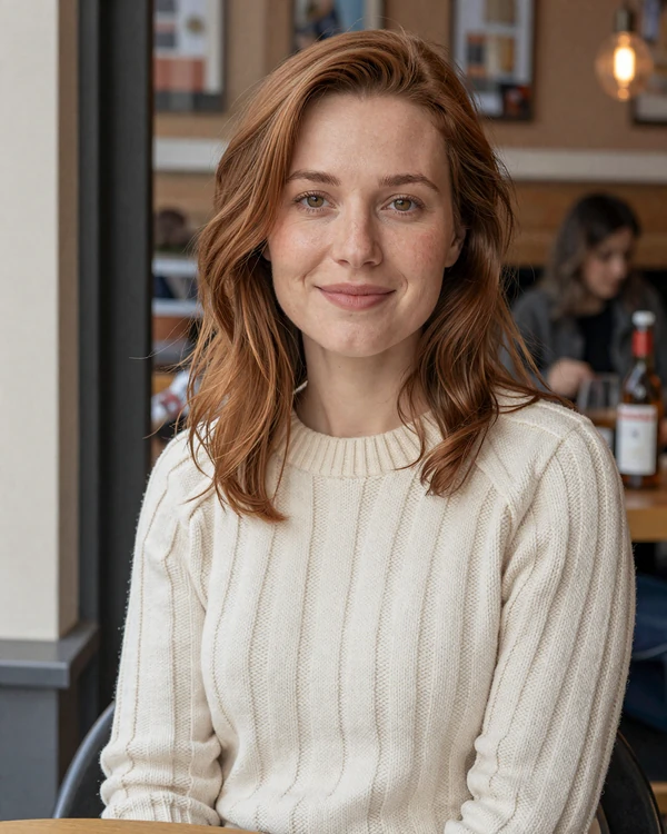 Emma 34 from Boston smiling warmly in cream sweater on Nikadate dating site profile